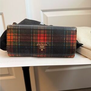 Prada Plaid Saffiano Leather Bifold Wallet in Black and Red